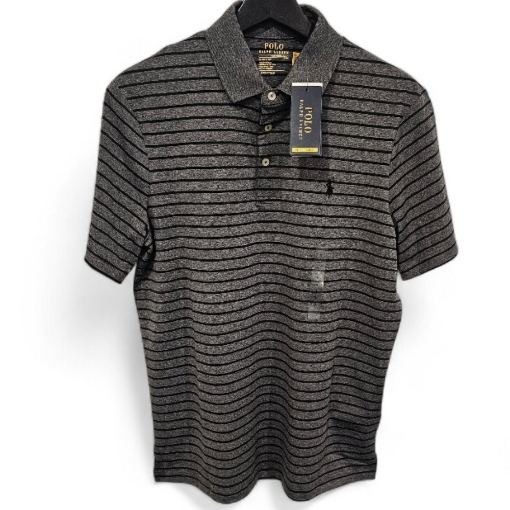 NWT Polo by Ralph Lauren  Men's Gray Striped Polo Shirt Size-Small
